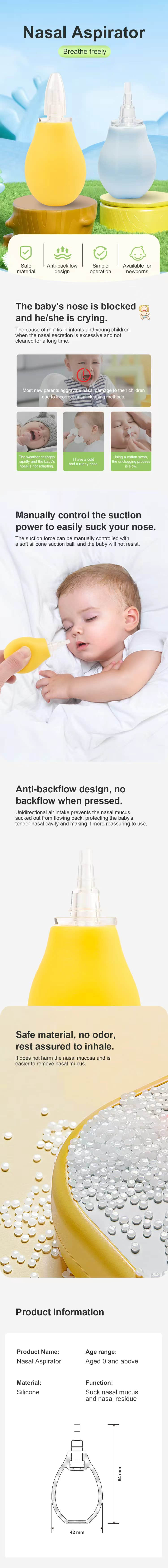 Mother gently using an nose aspirator on her smiling baby